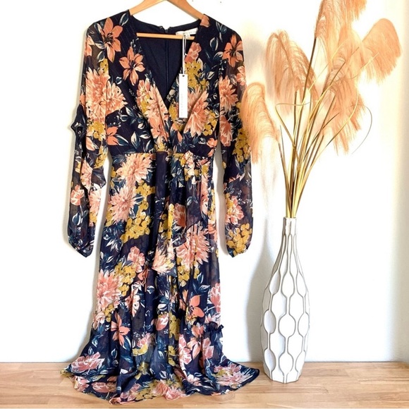 Adelyn Rae Floral Hi-Low Dress With Sheer Sleeves Size Small - Picture 16 of 16